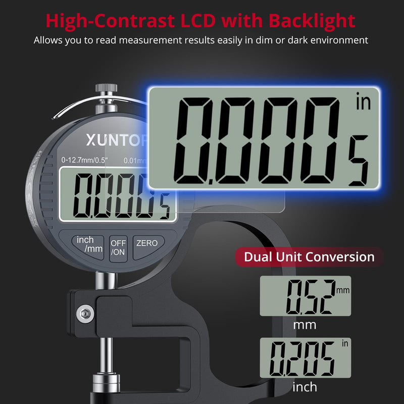 XUNTOP Digital Thickness Gauge 0.5inch/0.0005inch(12.7mm/0.01mm) Thickness Meter with LCD Display, Unit Conversion, Storage Case for Paper Plastic Leather Metal Wire