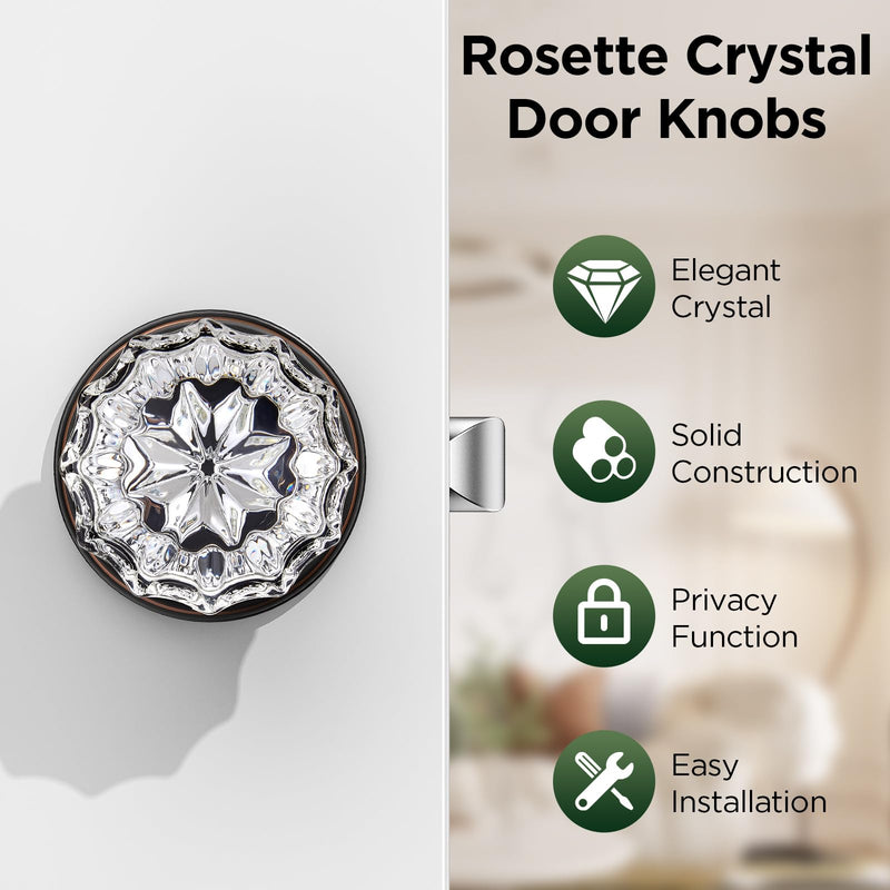 1 Pack Crystal Door Knob, Rosette Shaped Glass Door Knobs Interior with Lock, Oil Rubbed Bronze Door Knobs Interior Glass 1