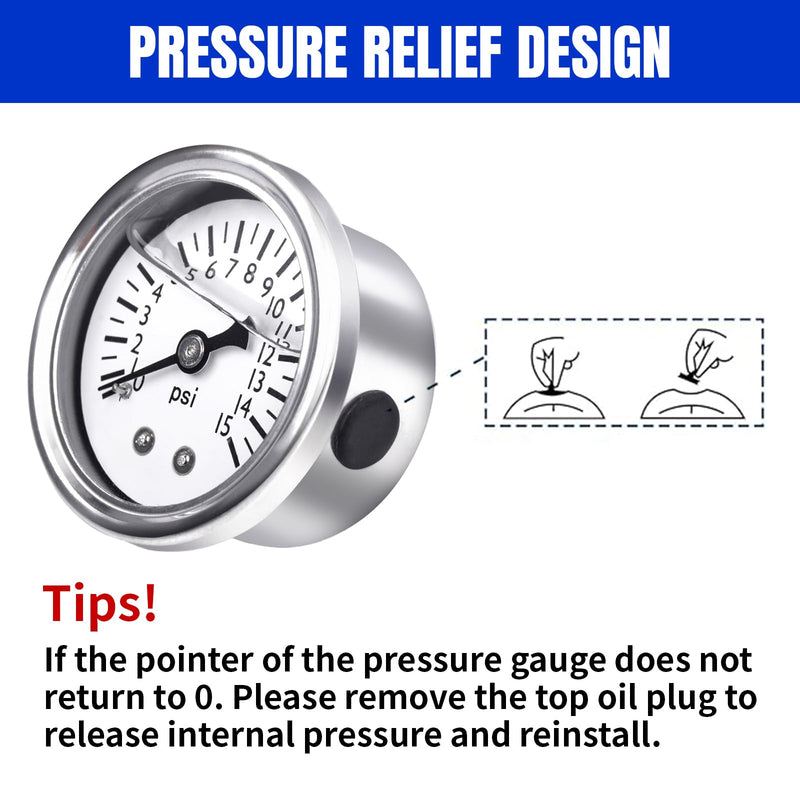 0-15 PSI Fuel Pressure Gauge, 1.5" White Dial, 1/8" NPT Center Back Mount, Glycerin Liquid Filled, 304 Stainless Steel case, Inline Low-Pressure Gauge, for Oil Water Air Pressure Test 0-15PSI