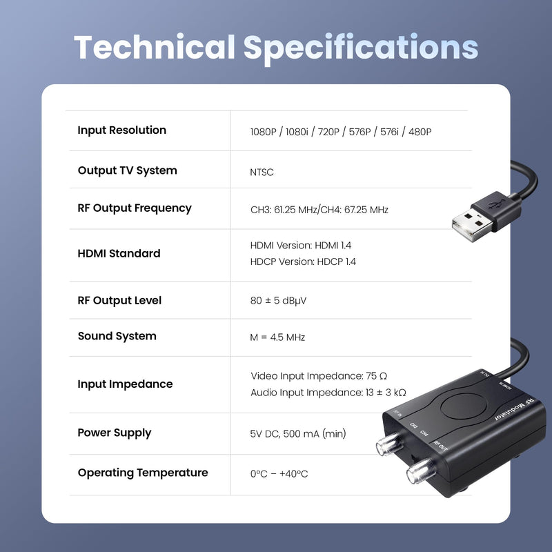 HDMI to RF Modulator with HDMI & RG6 Coaxial Cable for Older TVs | Plug & Play HDMI to Coax Adapter with Power Adapter,1080P PLL Control NTSC Output CH3/CH4 for Antenna TVs and Game Consoles Black with RG6 Coaxial Cable