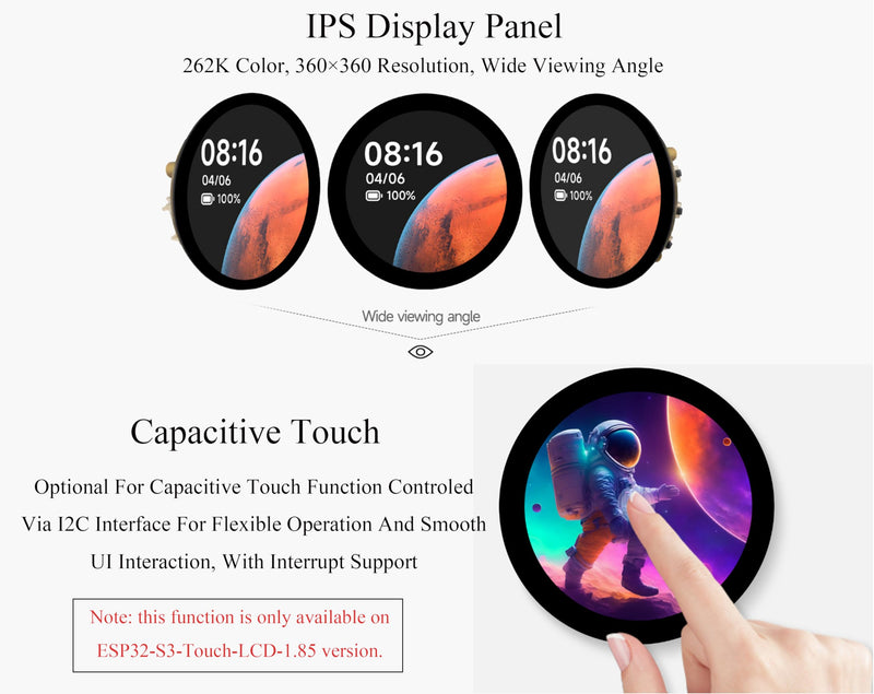 ESP32-S3 1.85inch Round Display Development Board, 360×360 IPS LCD, Dual-Core Processor Up to 240MHz, Audio Codec, Support Offline Speech Recognition and AI Speech Interaction, with 8Ω 2W Speaker