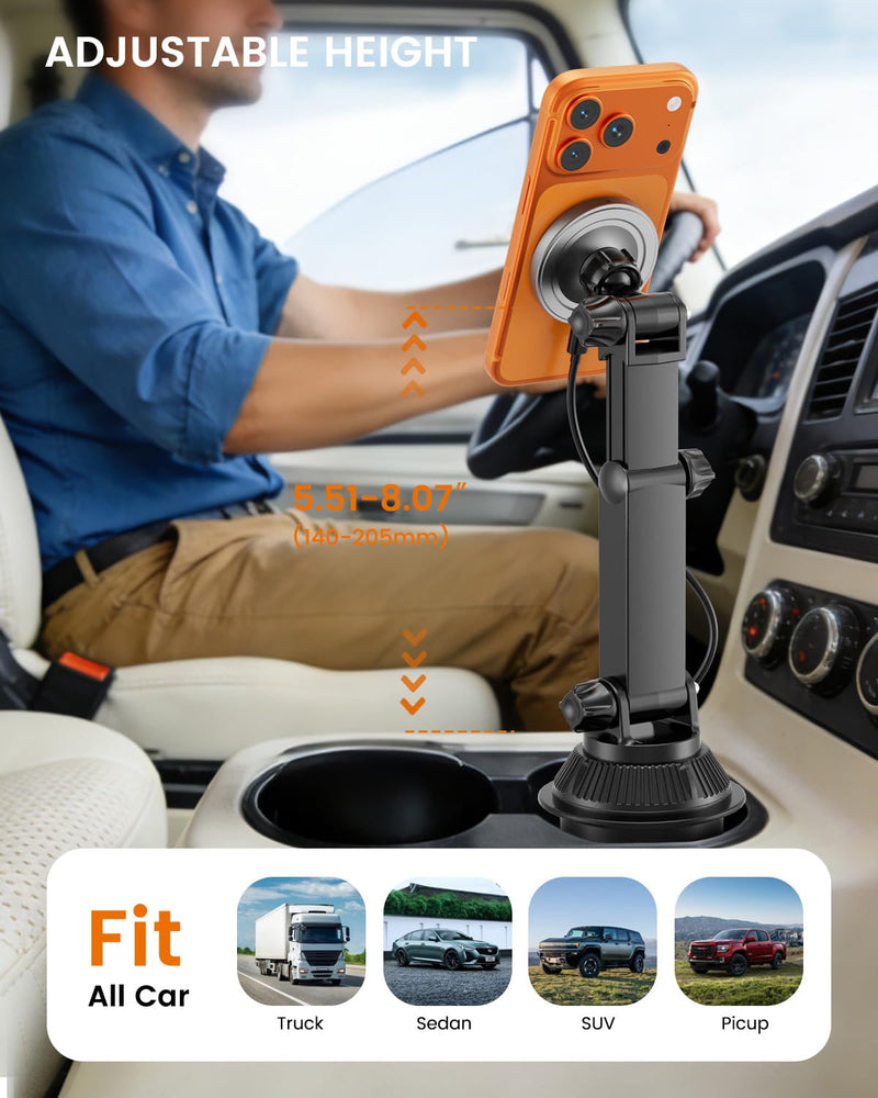 OHLPRO for MagSafe Cup Holder Car Mount Charger for iPhone 17, 15W Fast Charging Magnetic Cupholder Phone Mount, Compatible with iPhone 16 15 14 13 12 Series, for Kids Road Trip Essentials Sliver