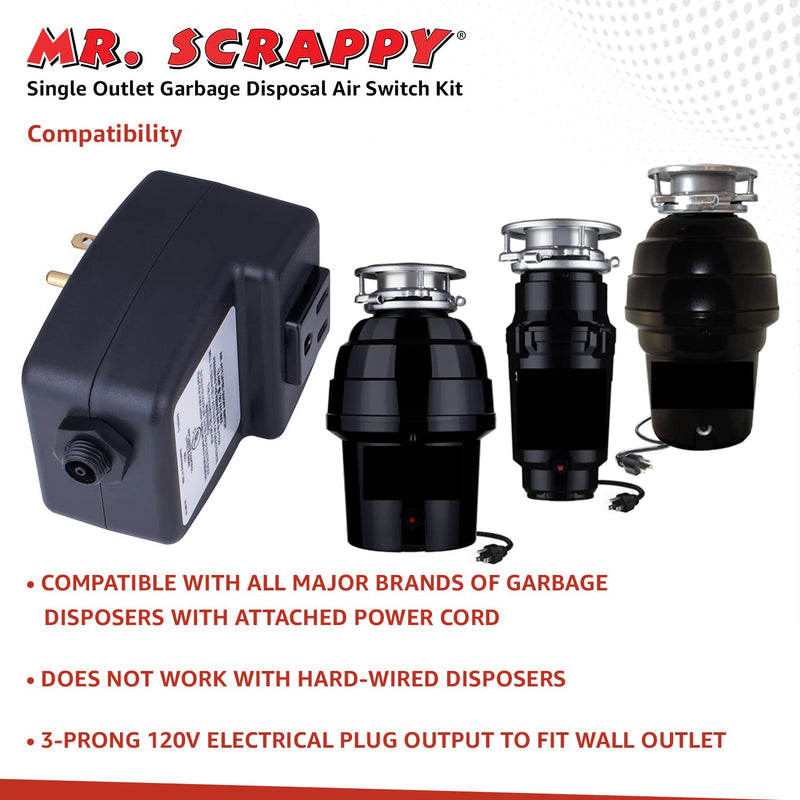 Mr. Scrappy 20-MSAS-65 Single Outlet Garbage Disposal Air Switch, Kitchen Sink Top On and Off Kit for Waste Disposers, Includes Button, Tubing, 120V Power Module, and Hardware, Chrome