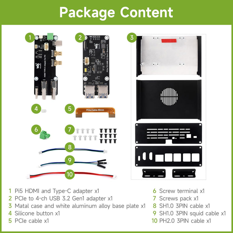 Waveshare Multi-Functional All-in-One Mini-Computer Kit, Compatible with Raspberry Pi 5, Aluminum Alloy Case, Comes with PCIe to 4-ch USB 3.2 Gen1 Adapter