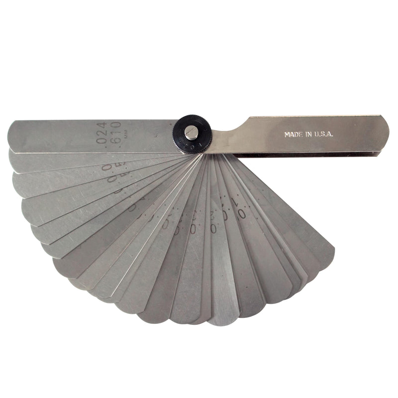 Feeler Gauge, English & Metric, 26 Leaves, 1/2" Width at Tip | Straight Blade,0.0015" to 0.025" (0.038 to 0.889 mm), Made in USA Straight Blade 0.0015" to 0.035"