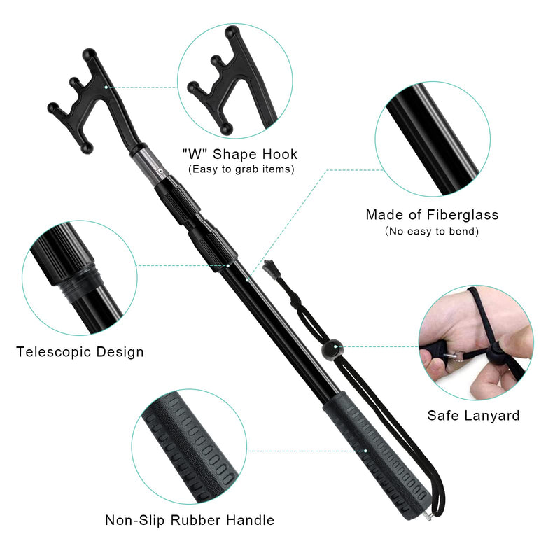 SAN LIKE Boat Hooks for Docking Extension Pole Hook Telescopic Boat Pole with Luminous Bead, Lightweight Floating, Non-Slip Rubber Handle, Durable & Rust-Resistant 3.58 Feet-black