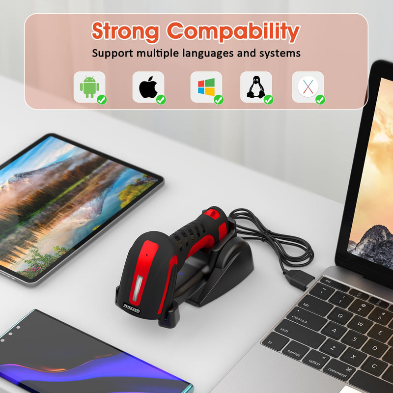 Symcode 2D Industrial Barcode Scanner with Stand 433 Wireless 1968 Feet Transmission Distance USB QR Automatic Barcode Reader Handhold Hands-Free Bar Code Scanner with Charging Base Red