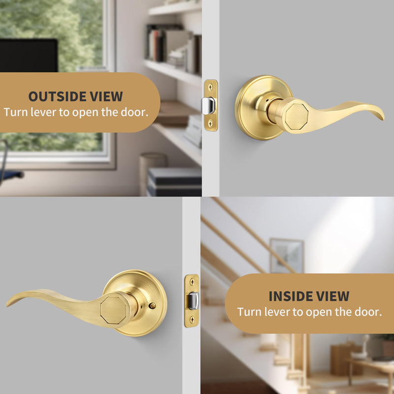 Brushed Gold Wave Style Passage Door Handle Without Keys, Non-Locking Door Lever for Hallway/Closet in Satin Brass Finish, No Lock Reversible Lever for Left/Right Doors 1 Pack Passage {Without Lock&Keys}