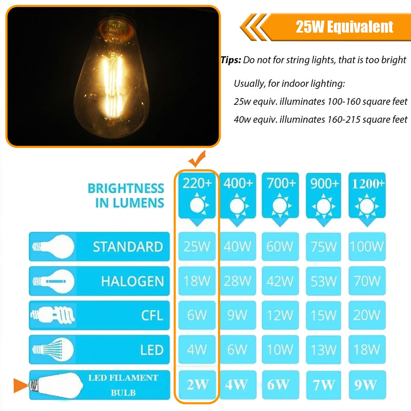 12 Pack 2W LED Edison Bulbs, 25 Watt Light Bulbs Equiv, 2700K Soft Warm with E26 Standard Base, LED ST19 Low Watt Light Bulbs, 250LM, Not-Dimmable, 120V 2700k Soft White 12 Count (Pack of 1)