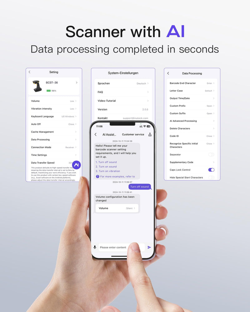 Inateck Bluetooth Barcode Scanner 2D, Wireless 2D QR Code Scanner with 2600 mAh Battery and Smart Charging Base, Handheld Scanner Support AI, APP, SDK, BCST-36 BCST-36-BK