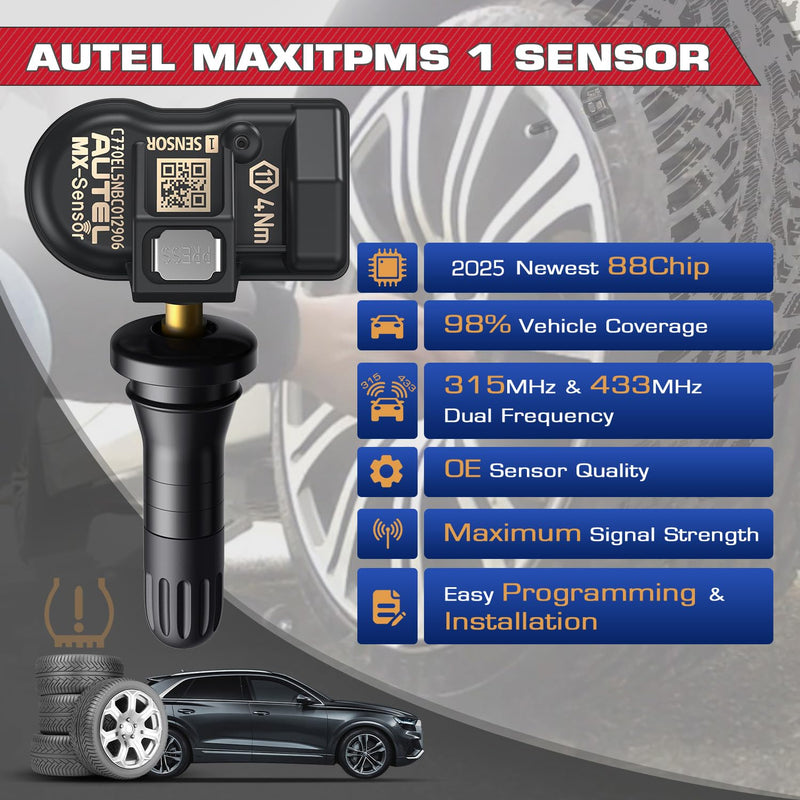 Autel TPMS MX Sensor 315MHz 433MHz Dual Frequency 1-Sensor, OEM Quality Universal Tire Sensors, 100% Programmable with Autel TS408S TS501 TS508 TS508WF MK808S-TS MS906TS (1PCS Press-in Rubber Valve)