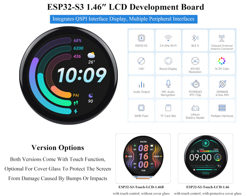 ESP32-S3 1.46inch Round Touch Display Development Board, 412x412 Pixel IPS Display, Accelerometer and Gyroscope Sensor, Onboard Speaker and Microphone, ESP32 with Display, with Protective Cover Glass