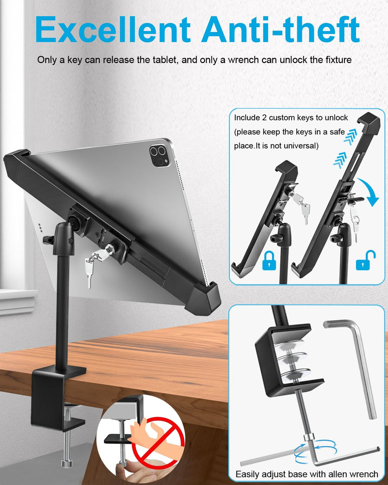 woleyi Anti Theft Desktop Tablet Kiosk Stand for 9-14" Tablet - 360° Swivel Tablets POS Stand Display Holder with Dual Security Lock and Key, Compatible iPad Pro 13/Air, Surface Pro/Go, Galaxy Tabs