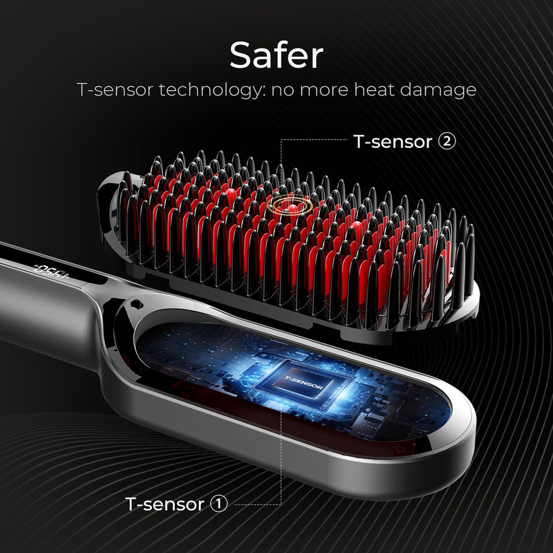 TYMO Ionic Plus Hair Straightener Brush UK, Upgraded Straightening Brush with Dense Bristles for Thick Hair, 16 Temps (80℃~230℃) LED Display, 10 Million ions, Dual Voltage, Hot Comb for Women (Black) Black