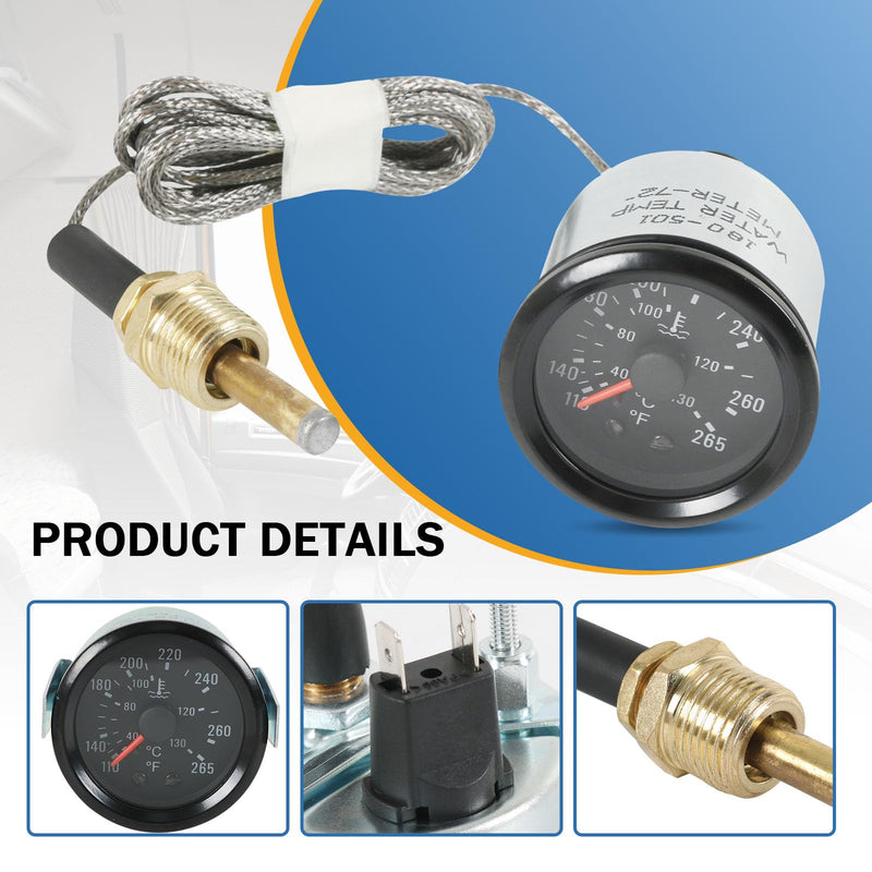 JDMSPEED 2" 52mm Water Temperature Gauge 40-130℃,110-265℉ Water Temp Thermometer Meter Kit DC12V with Sensor NPT 1/2, 1.8m Wire Length