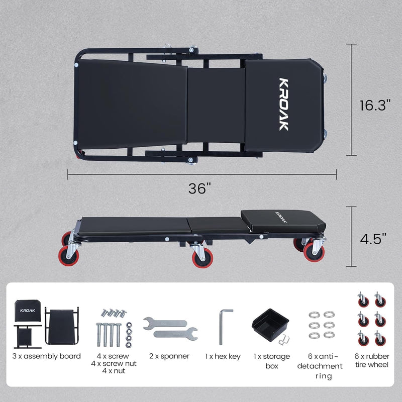 Creeper, 36 Inches 2 in 1 Z Creeper Seat 330 lbs Capacity Garage Chair Adjustable Rolling Folding Car Creeper with 6 pcs Wheels,Lay Down or Sit for Garage, Shop, Auto Repair Black 36"