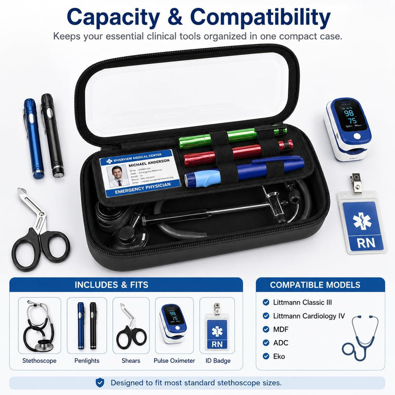 Stethoscope Case Compatible with 3M Littmann Classic III/Lightweight II S.E/Cardiology IV Diagnostic/for MDF Hard Shell Holder with Clear ID Window for Nurses EMTs Doctor Medical Students Black