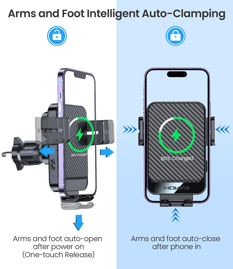 Wireless Car Charger 15W Fast Charging Dash Windshield Vent Car Mount | Auto-Clamping Universal Hands-Free Car Charger Compatible with iPhone 17/16 15/14/13/12, Samsung S24 S23/S22/S21,etc Light Black with qc 3.0