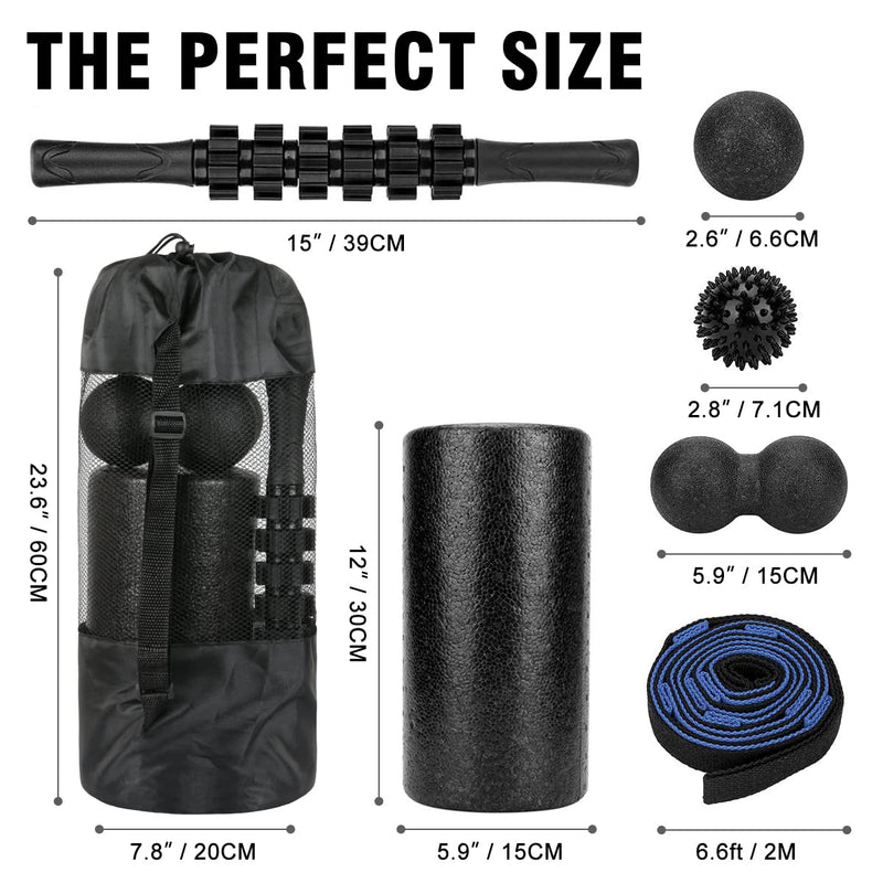 Foam Roller Set - High Density Back Roller, Muscle Roller Stick,2 Foot Fasciitis Ball, Stretching Strap, Massager Ball for Whole Body Physical Therapy & Exercise, Yoga, Back Pain, Leg, Deep Tissue 12-inch Foam Roller