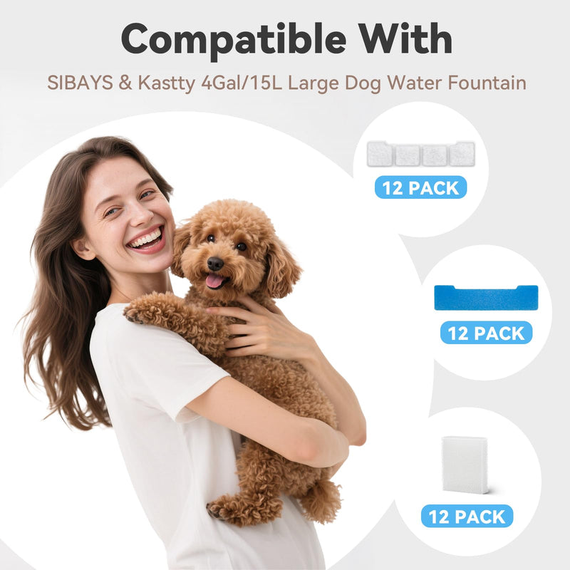 12+12+12 Pack Dog Water Filters for SIBAYS/Kastty 4Gal/15L Large Dog Water Fountain, L05 Natural Coconut Shell Activated Carbon Replacement Filters, 12 Filter &12 Pre-Sponges &12 Pump Sponges