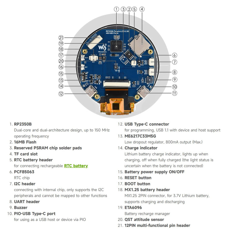 Waveshare RP2350 2.8inch Round Display Development Board, 480×480, Based On The Raspberry Pi RP2350B Dual-core & Dual-Architecture Microcontroller, RGB Interface