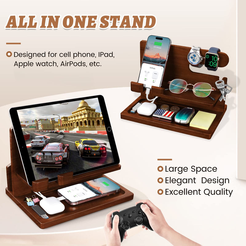 Wood Phone Docking Station - Nightstand Charging Organizer and Cell Phone Stand - Bedside Gift for Men Brown