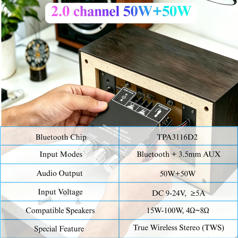 ZK-502MT Bluetooth Amplifier Board, 50W+50W with Treble and Bass Control | DC 9-24V, Bluetooth and AUX Inputs, Audio Amp Board for Home Audio DIY Wireless Speakers ZK-502MT