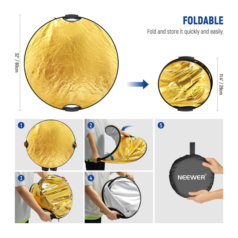 NEEWER 32"/80cm Light Reflector with Clamp & Hand Grips, 5 in 1 Collapsible Multi Disc Photography Reflector Translucent/Silver/Gold/White/Black with 3/8" Thread for Studio Outdoor Lighting, RF-80II 80cm w/Clamp