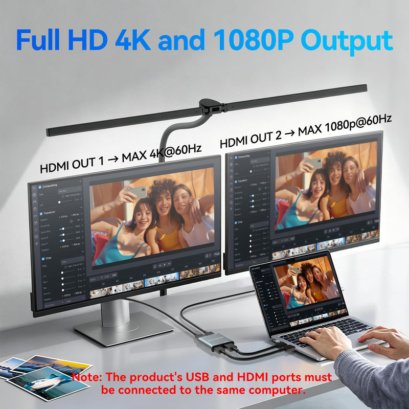 HDMI Splitter Extended Display HDMI to Dual HDMI Splitter 1 In 2 out | USB-C & HDMI to Dual HDMI Splitter, 4K@30Hz Output 1,1080p Output 2 Supports Extended and Mirror for Windows, Mac OS