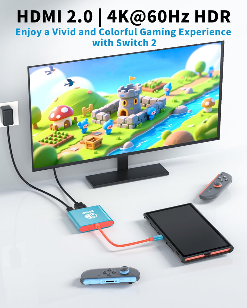 Docking Station for Switch 2, TV Dock with 4K/60Hz HDMI, 100W PD, USB 3.0 Port, TV Adapter, Travel Docking Station Compatible with Nintend0 Switch 2 / Switch/OLED/Steam Deck/Laptop/Phone Blue