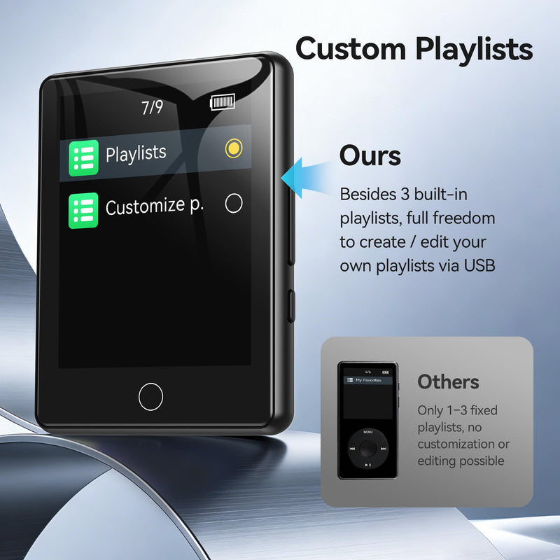 AGPTEK 2.8'' 64GB MP3 Player with Bluetooth, U6 Full Touch Screen Player | Auto Bluetooth Reconnection - Portable Music Player with Protective Case (Black) Black 64 GB