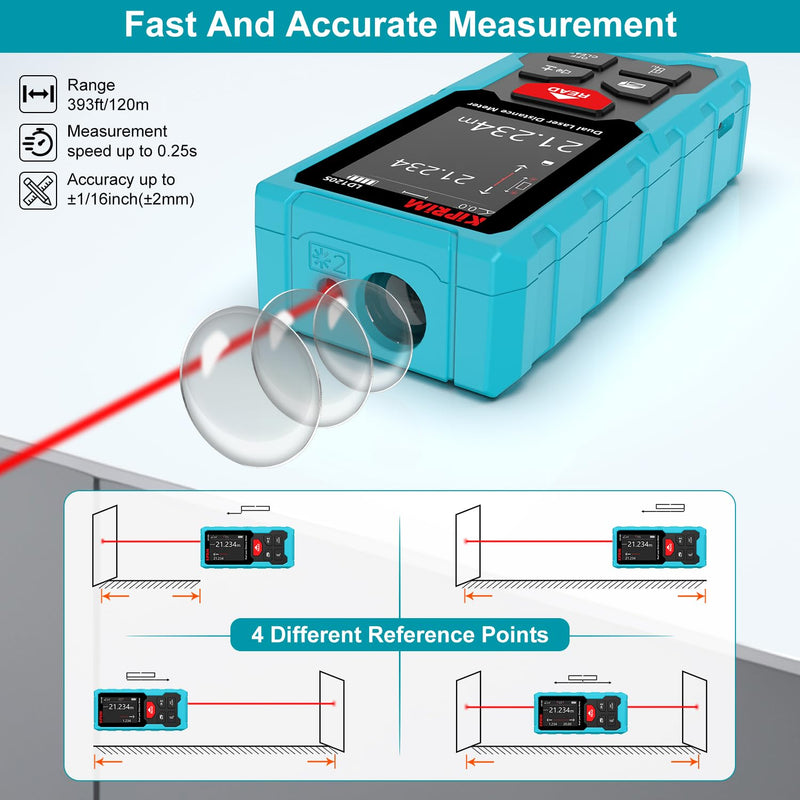 Kiprim 393ft Dual Laser Distance Measuring Tool LD120S, 120m Total Range, Electronic Level, Precise Measurements, and Pythagorean Function - Ideal for Construction, DIY, and Home Renovation 393ft(Dual Laser)
