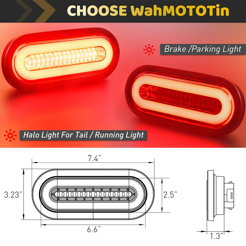 2Pcs 6" inch Smoked Lens Oval Red 52 LEDs Trailer Boat Halo Brake Stop Running Turn Signal Tail Lights【Patented】 w/Rubber Grommet, Sealed Submersible IP67 for Truck/RV/Van, DC 12V