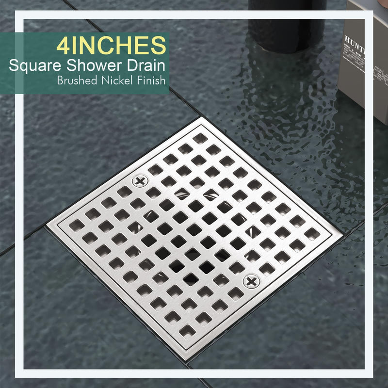 4 Inch Shower Floor Drain with Flange - Square Shower Drain with Hair Strainer - Removable Grid Strainer Cover - SUS304 Stainless Steel - Brushed Nickel