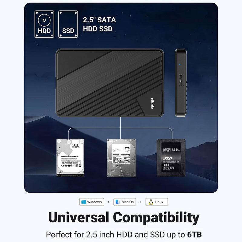 2.5 Inch SATA to USB External Hard Drive Enclosure, Compatible for 2.5 Inch 7mm 9.5mm SATA III HDD SSD Max 6TB Support UASP