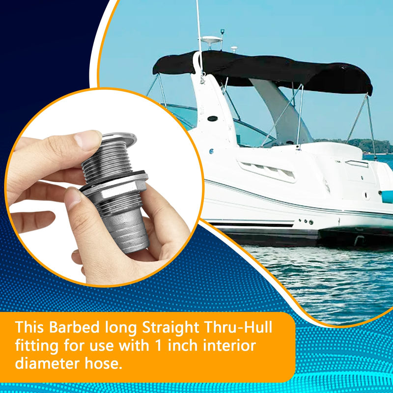 Thru Hull Fittings for Boats, Stainless Steel Yacht Through Hull Connecter with Straight Barb, Marine Barbed Hose Skin Fitting Drain for 3/4 inch I.D. Hose, 1 inch I.D. Hose 1'' ID