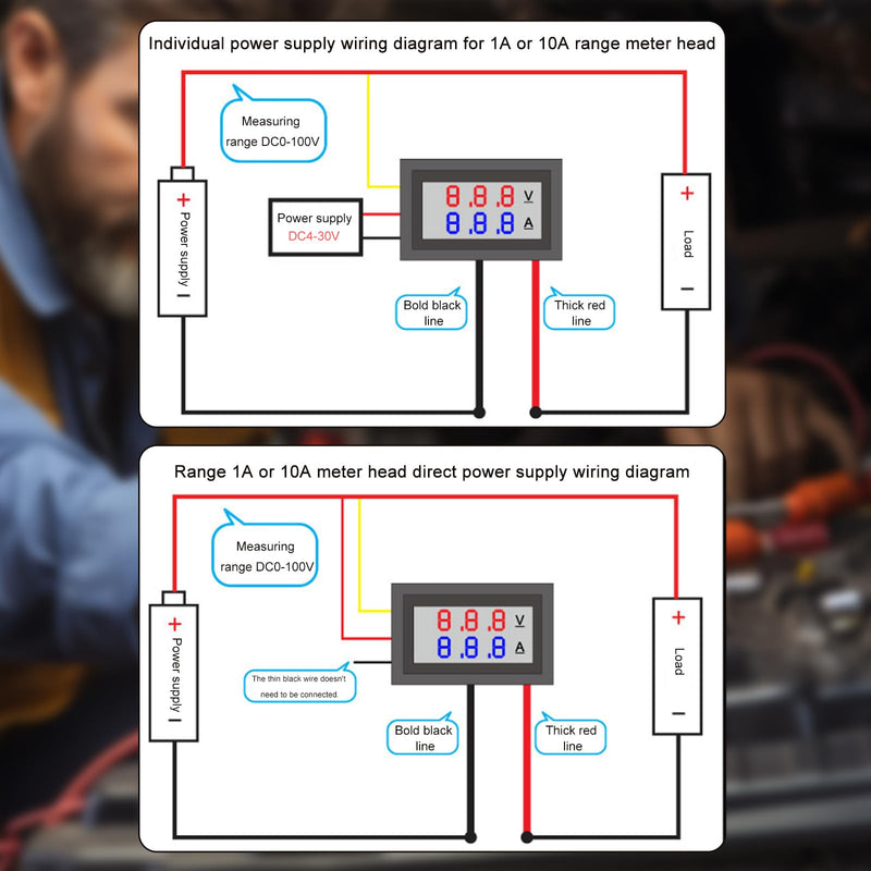 2 PCS 0.28" Digital Voltmeter Ammeter, DC 0-100V 10A 2 in 1 Volt Amp Meter with Connect Wires, Red & Blue Dual LED Display Panel Current Tester Voltage Gauge for EV Car Boat