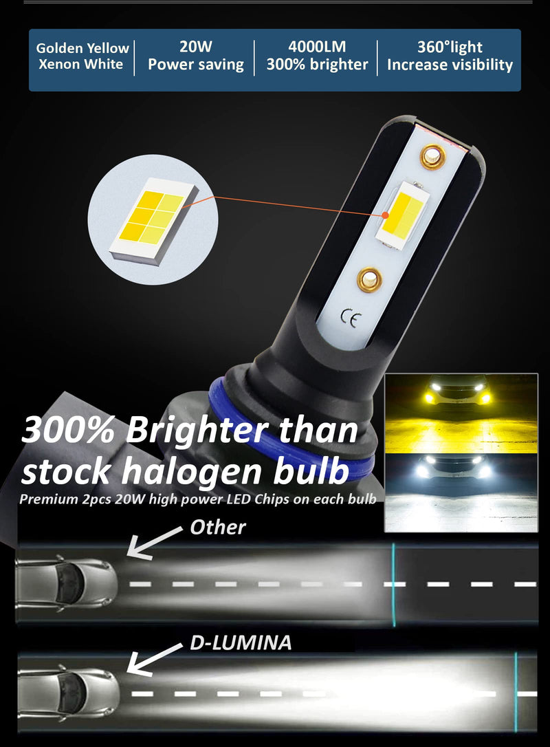 D-Lumina H10 Switchback LED Fog Light Bulbs, 8000 Lumens 40W 300% Brightness Dual Color 6000K Xenon White/3000K Golden Yellow, 9145 9140 9045 9040 LED Fog Light DRL Bulb Upgrade Replacement, Pack of 2 Golden Yellow ＆ White