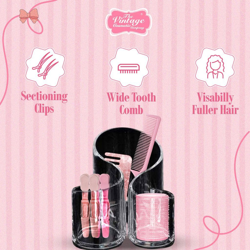 Vintage Cosmetic Company Blow Out Kit 13 Piece Hair Styling Set | 13 Piece Hair Styling Set with Wide Tooth Comb, Pin Tail Comb, Sectioning Clips, Hair Rollers and Travel Case. Complete Kit.