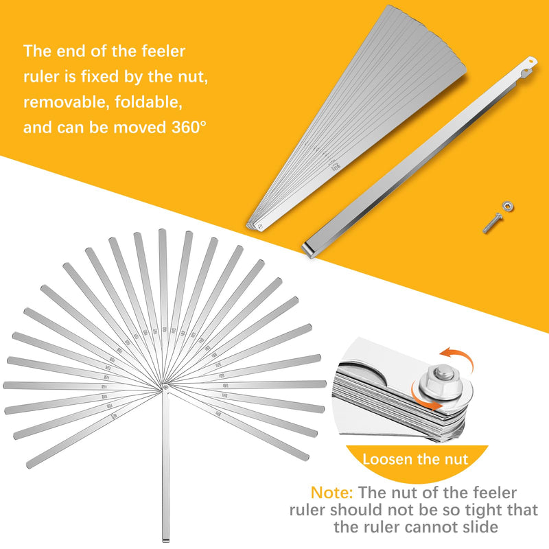 25 Blades Stainless Steel Long Feeler Gauge, Metric and Imperial Gap Measuring Tool Width and Thickness Feeler Gage Gauge for Spark Plug, Valve Adjustment Tool, 0.038-1.02mm 0.0015-0.040 Inch
