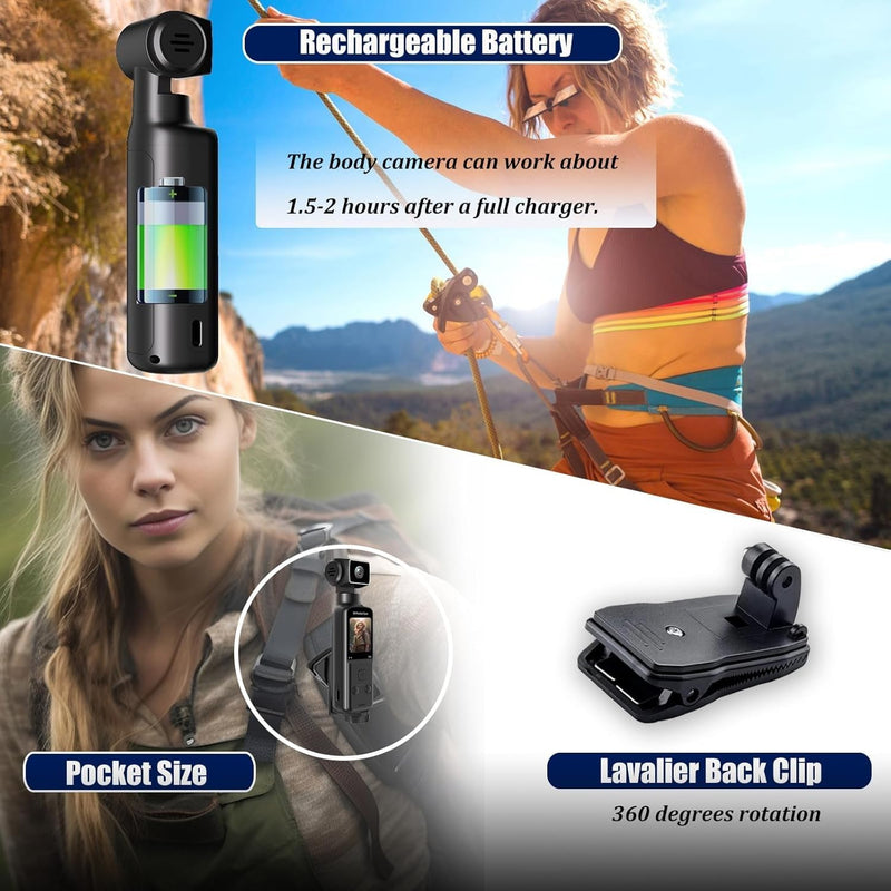 4K Pocket Body Camera with Audio & Video Recording, EIS Stabilization | 270° Rotating Len, Handheld POV Cameras with External Microphone, Vlogging Camera for Travel, Meeting, Daily Use(32GB)