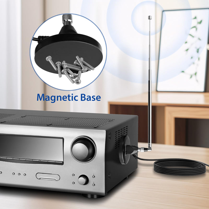 FM Antenna for Stereo Receiver – Magnetic Base, 16ft Coaxial Cable, Retractable, Perfect FM Reception for Home Theater System