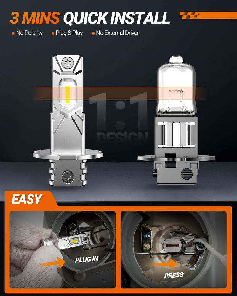 SEALIGHT H3 LED Fog Light Bulb, 30,000LM 800% Upgrade 6500K H3LL H3 LED Bulb, Long-Lasting Fog Lights, 1:1 Size Compact Design, Clearance Light Marker Light White H3LL/H3