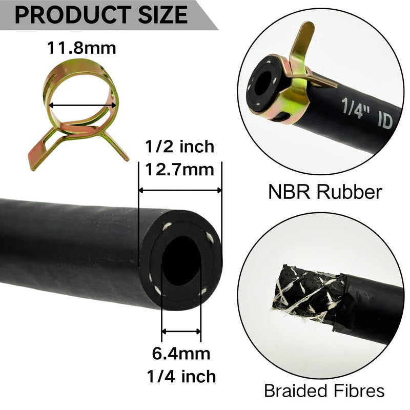 1/4" ID Fuel Hose Line Braided NBR Rubber Tubing 8 Feet for Automotives Generator Lawn Mower with 10 Clamps (6.4mm ID) 1/4" ID