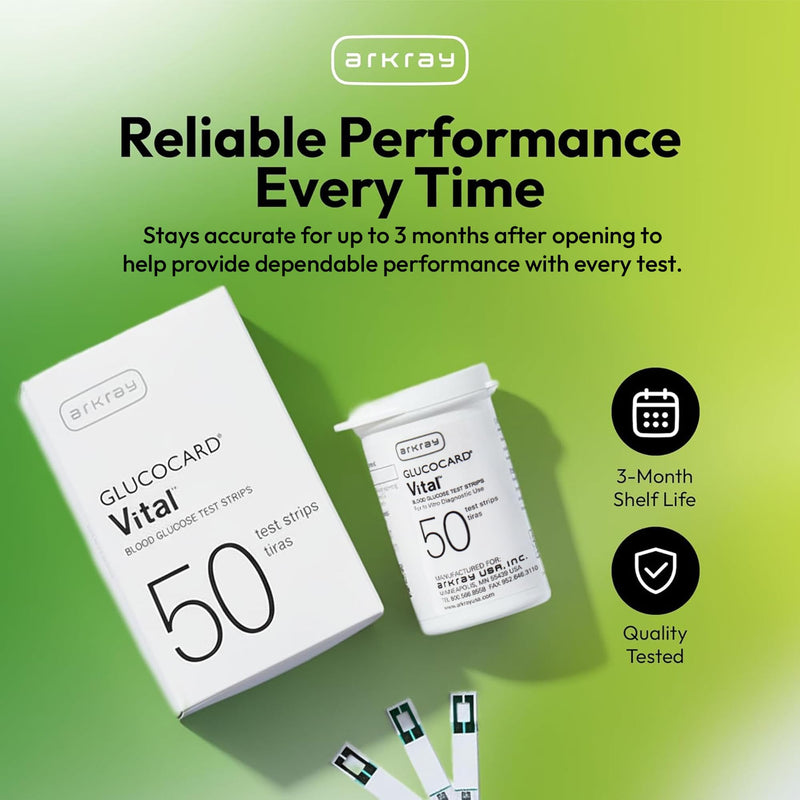 ARKRAY GLUCOCARD Vital Blood Glucose Test Strips – No Coding Required, Fast 7-Second Results, 0.5 Microliter Sample Size – Compatible with GLUCOCARD Vital Blood Glucose Meter, 50 Count