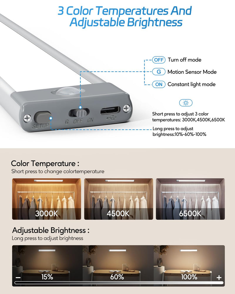 HIBOITEC 60 LED Under Cabinet Lighting 2 Packs, Stepless Dimming Motion Sensor Light Indoor, 3 Color Tempera Wireless Closet Lights, 2500mAh Rechargeable Battery Operated Light for Kitchen, Hallway 2 Pack 12.6inch-60LED