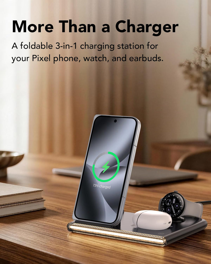 3 in 1 Foldable Wireless Fast Charging Station for Google Pixel Watch 4 | Google Charging Station for pixel 10, Travel Pixel Watch 4 Charger Stand, Light Nightstand Charging Dock (Only for Watch 4) Black