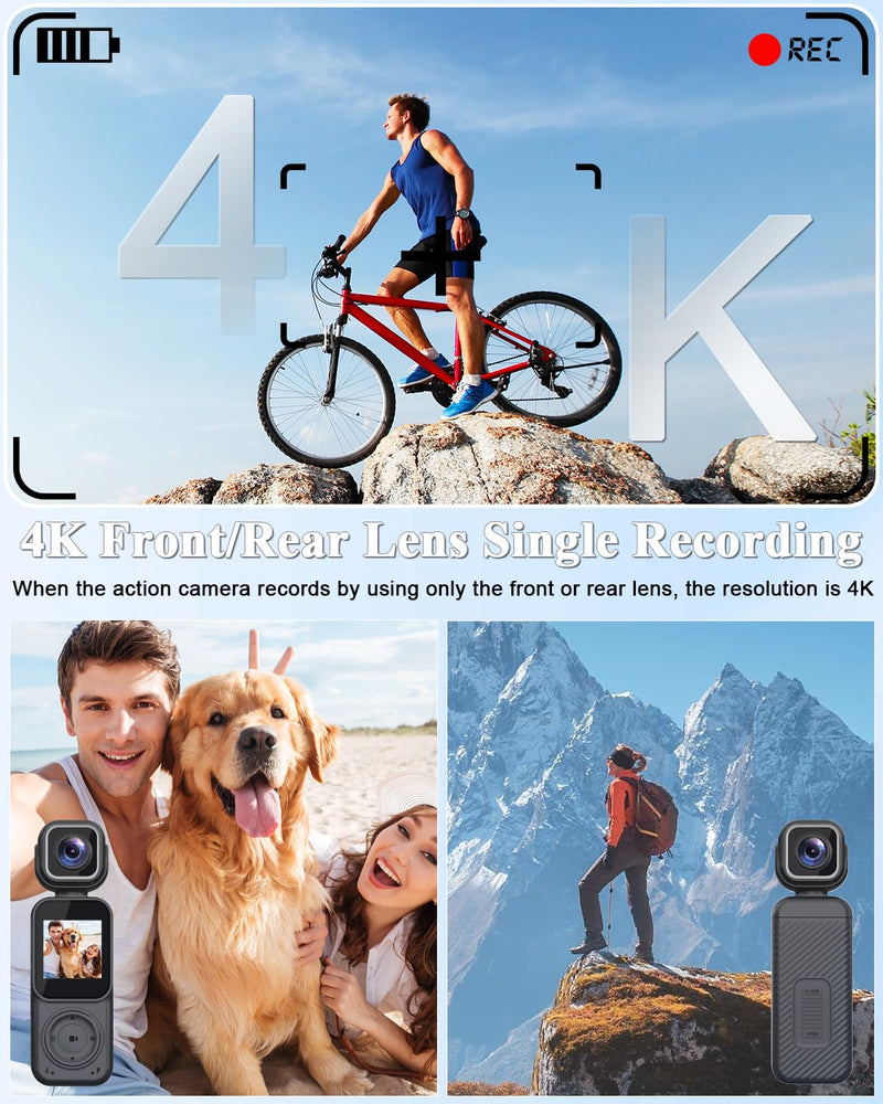 4K Vlogging Camera Pocket Action Cameras with Dual-Lens Mini Body Cam | Audio & Video Recording POV Handheld Camera wtih 32GB Card for Travel, Blogging, Daily Recording