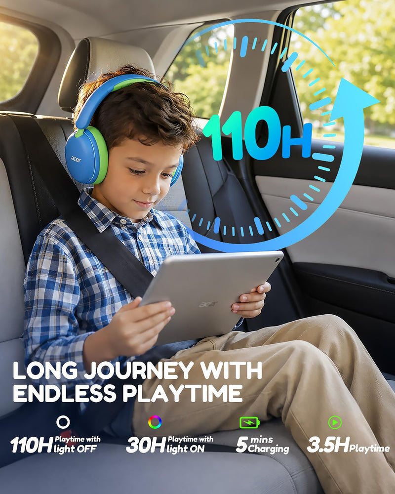 Acer OHR727 Kids Bluetooth Headphones Travel, Over‑Ear Comfort Design | 85dB Safe Volume, 110H Playtime with LED Lights, Bluetooth 6.0, Built-in Mic, for iPad Tablet Travel School Blue Green