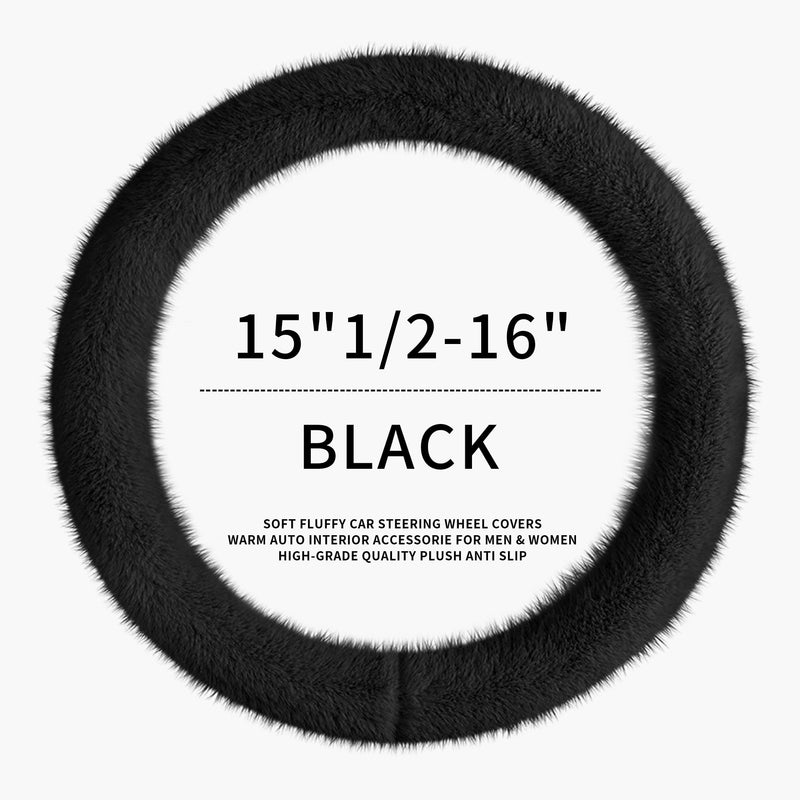 LACDL Fuzzy Winter Steering Wheel Covers for Women, Warm Cute Fluffy Car Wheel Cover for F150 Truck Jeep, Super Soft Furry Auto Plush Car Handle Cover for Cold Weather, Black, 15-16 inch, Large Size Large Size[15"1/2-16"](39-41cm)
